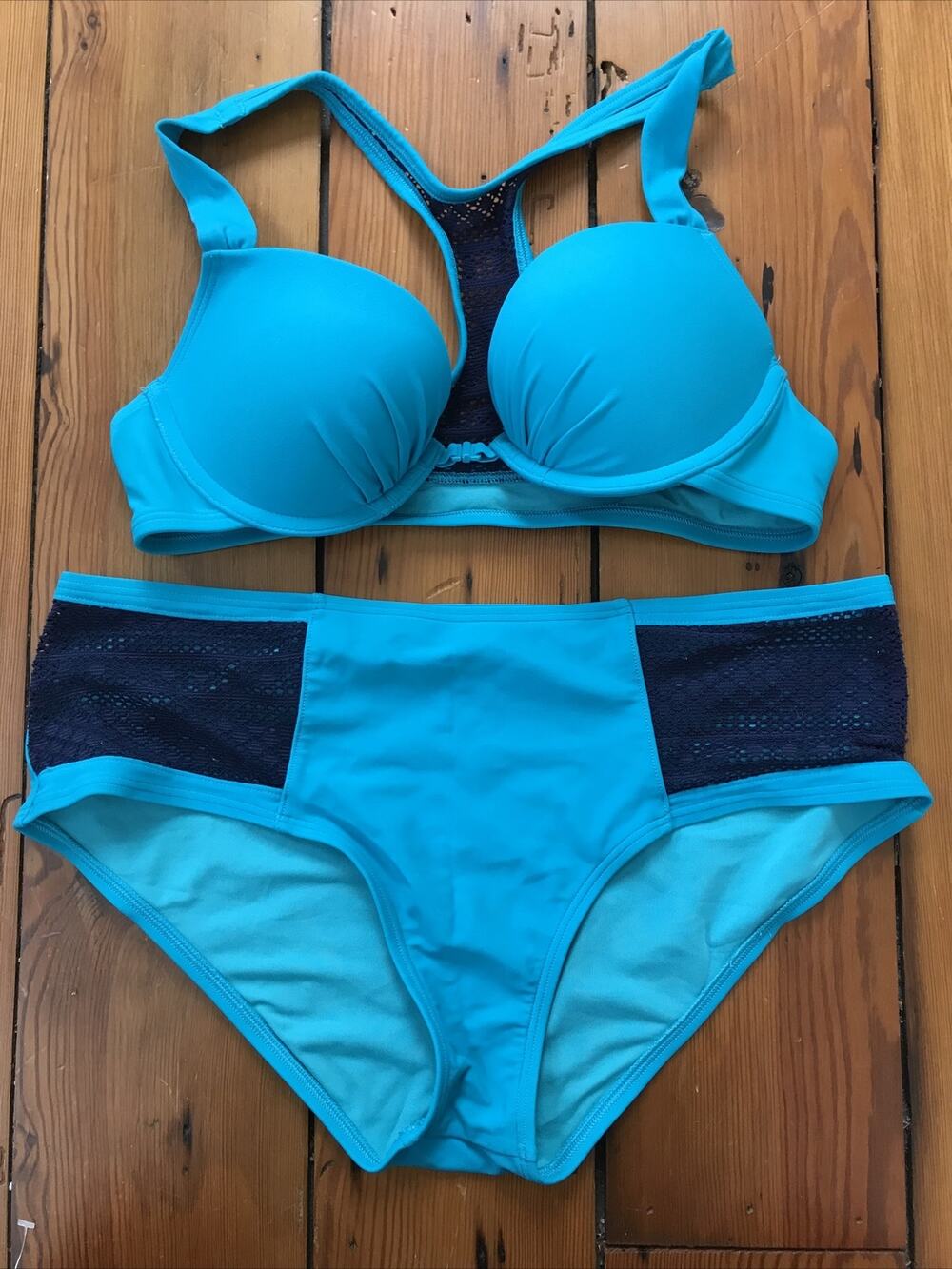 Aerie Blue Two Piece Nylon Bikini Bathing Swimsuit 34B Medium Midi Rise Teal